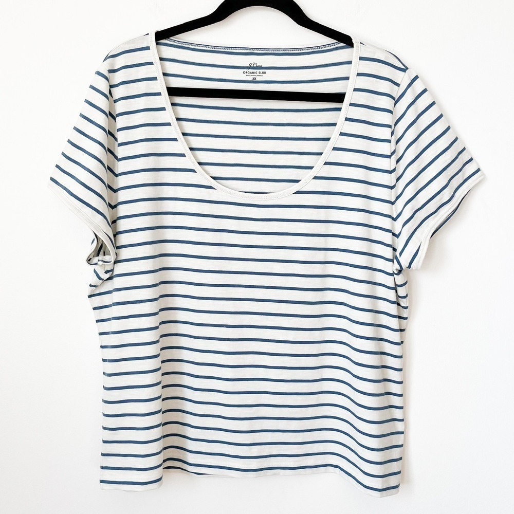 J.Crew 90s Cropped Organic Slub Cotton Scoop Neck T-shirt Blue Stripe Womens‎ 2X